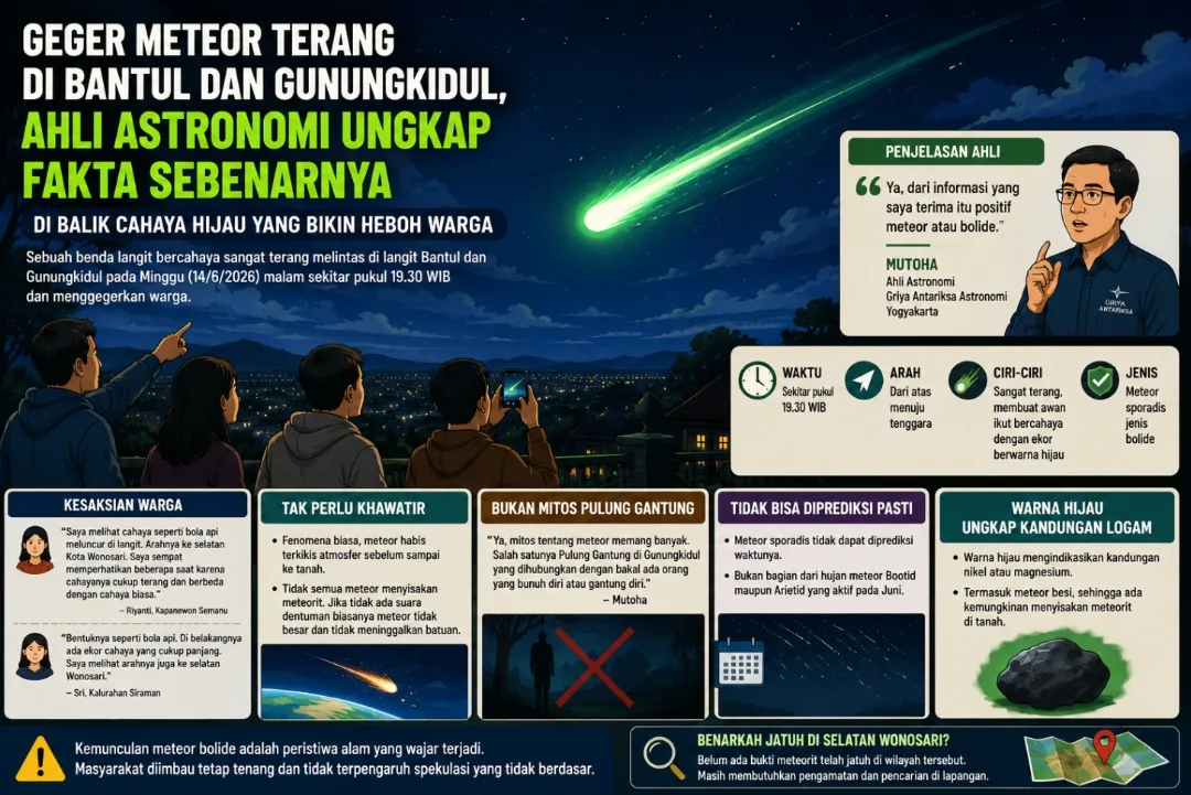 Bright Green Light Sparks in the Sky of Bantul-Gunungkidul, Astronomer Explains Bolide Type Meteor Entering Earth’s Atmosphere